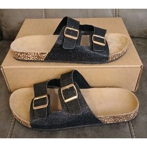 Double Buckle Slide Comfort Sandal Waterproof Black Sparkles Women Sz 9/10 #1095